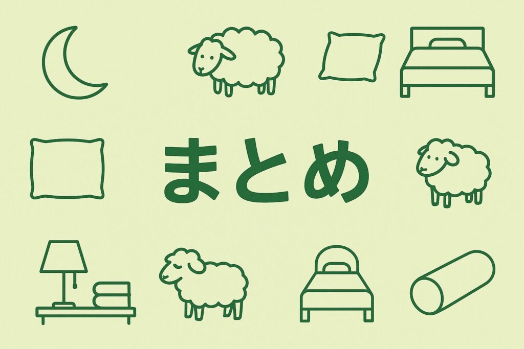 まとめの文字と羊やベッドのイラスト